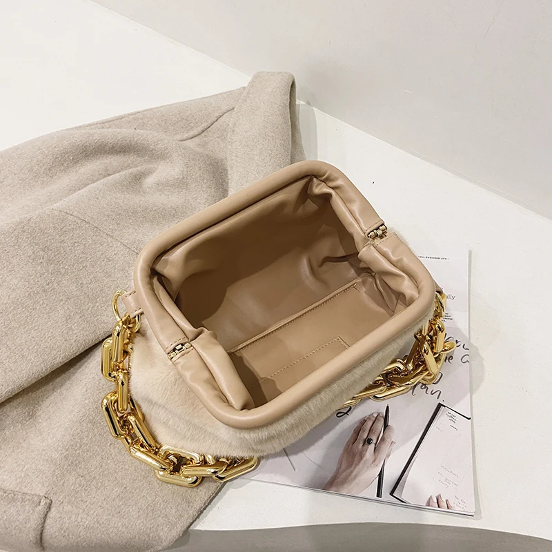 

Trend New Coarse Chain Women's Handbag Luxury Soft Plush Shoulder Bag Warm Small Bags Elegant Female Mini Square Bag Sac A Main