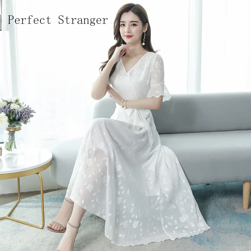 

2020 Summer New Arrival Elegant V Collar Short Sleeve Women Chiffon Long Dress