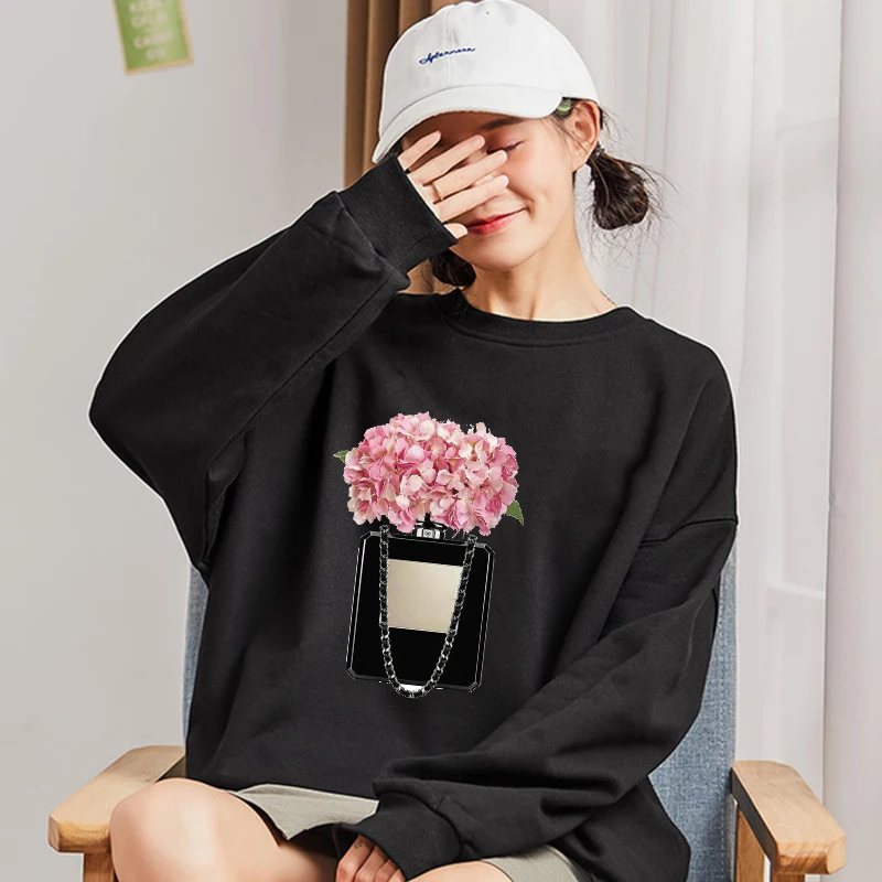 

Harajuku Flower Perfume Bottle Print Pullovers Boy/Girl Fashion Crewnecks Sweatshirt Women Men Casual O-Neck Hoodies Vogue Tops