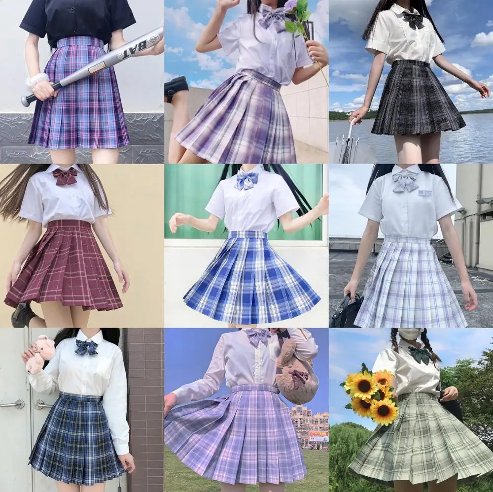 Полный комплект для девочек, новая школьная форма, плиссированная юбка, японская школьная форма, трапециевидная клетчатая юбка с высокой та...