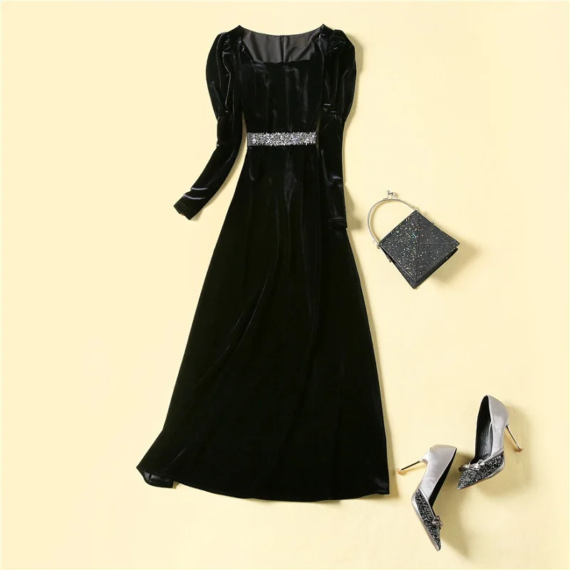 

Top Quality New Long Party Evening Vestidos 2021 Winter Women Sexy Square Collar Beading Belt Deco Long Sleeve Black Maxi Dress