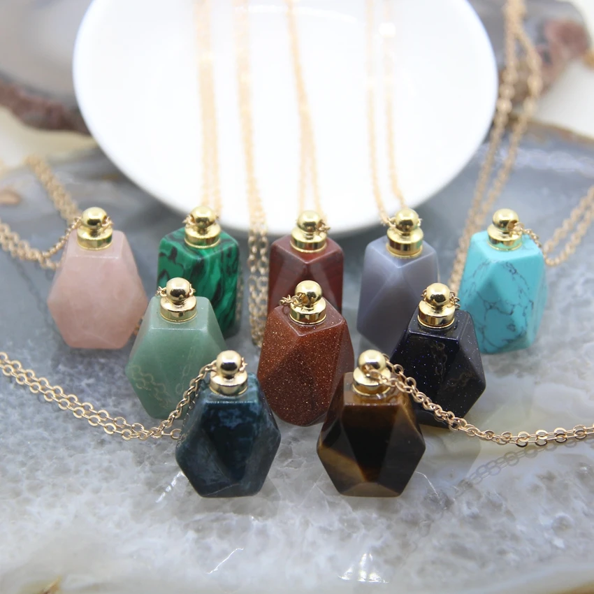 

Faceted Malachite Agates Howlite Perfume Bottle Pendants Necklaces,Jaspers Stone Essential Oil Diffuser Vial Charms Jewelry