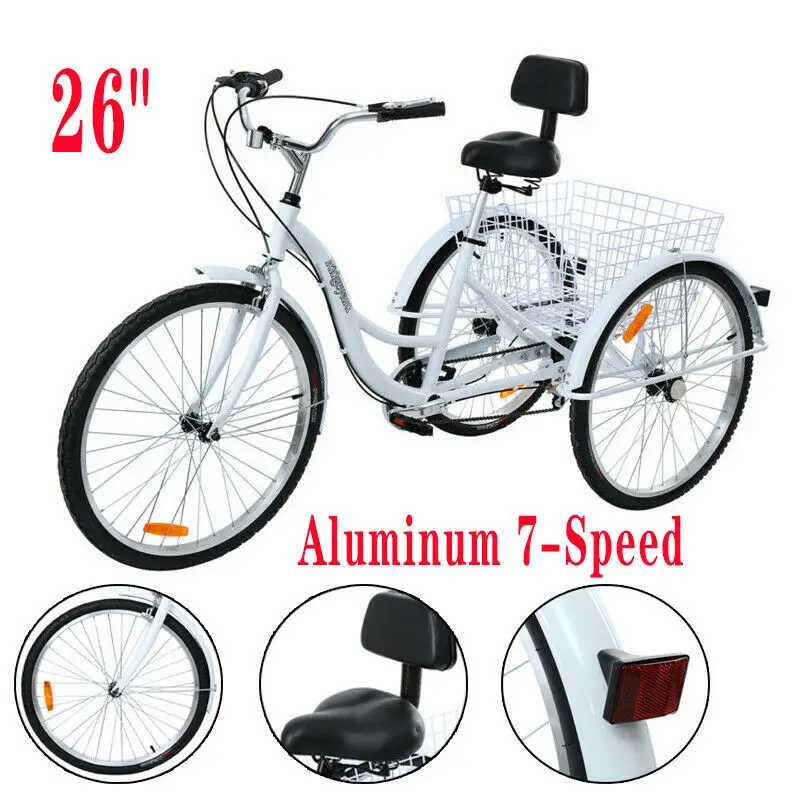 

Ridgeyard 26” Inch 7 Speed Adult Tricycle 3 Wheel Basket Shopping Cart Aluminum Bicycle Seat Backrest Support Bike White Trike