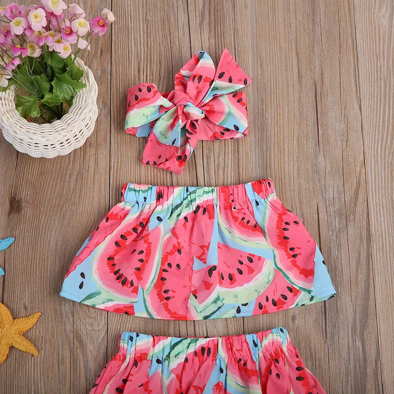 

3Pcs Toddler Baby Girl Outfit Watermelon Printed Romper Off Shoulder Tops + Shorts Clothes Set