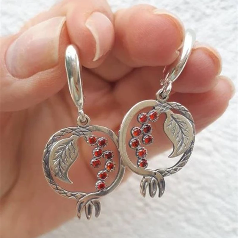 

Unique Silver Color Red Pomegranate Design Earrings Dangle Earrings for Women Female Fashion Boho Jewelry Gifts