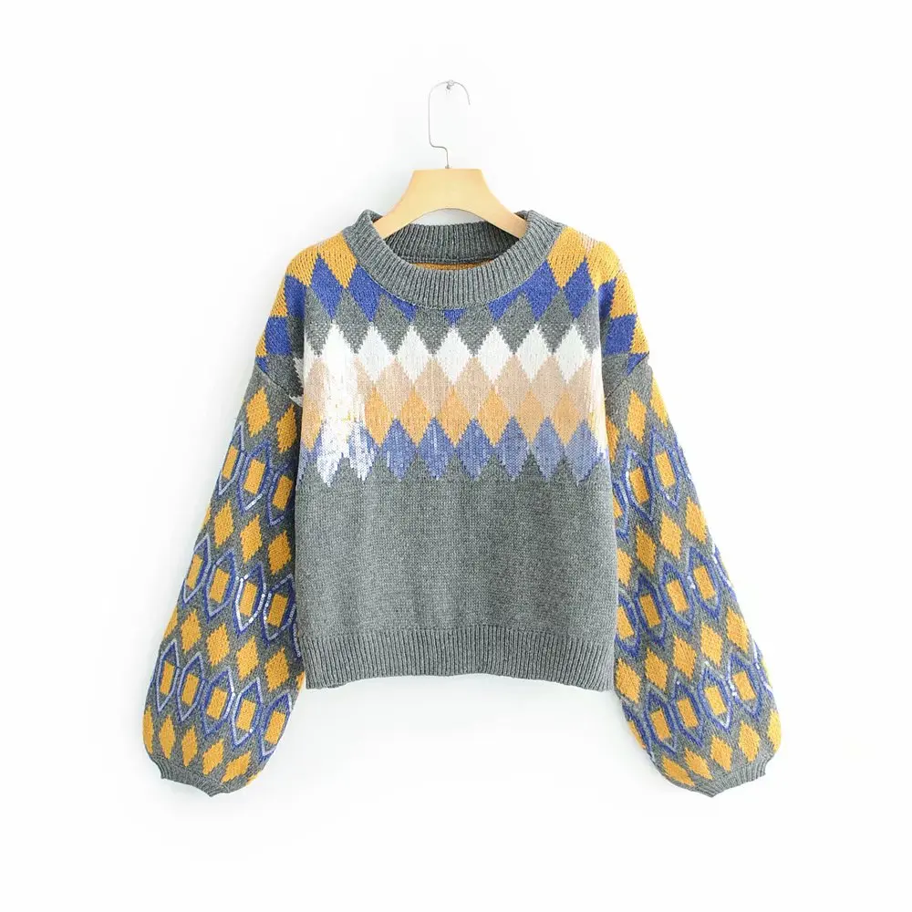 Женский вязаный свитер Za повседневный Свободный пуловер с геометрическим узором