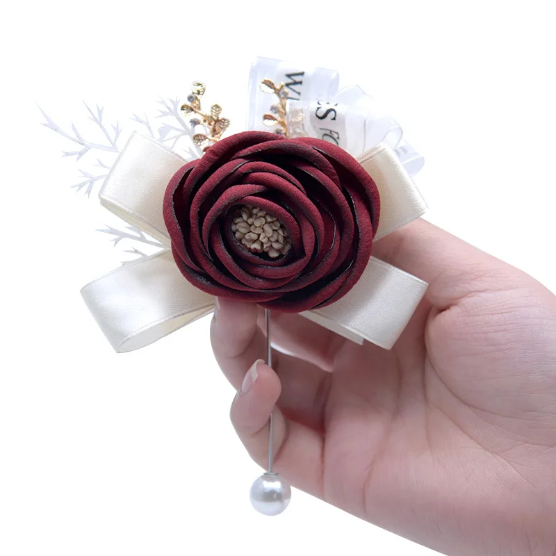 

1pcs Wedding Bridal Corsages Artificial Rose Flower Groom Pearl Brooch with Romantic Bow Ribbon