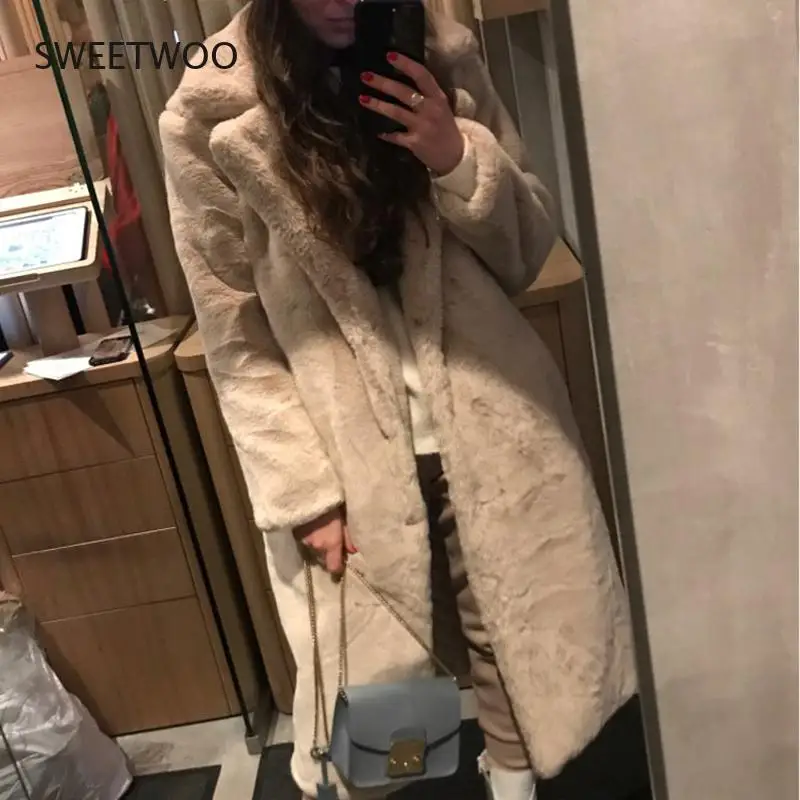 Winter Women High Quality Faux Rabbit Fur Coat Luxury Long Fur Coat Loose Lapel Overcoat Thick Warm  Female Plush Coats