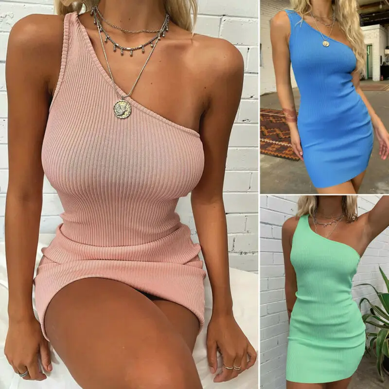 Женское Ребристое облегающее платье без рукавов с одним плечом US 2020 сексуальное