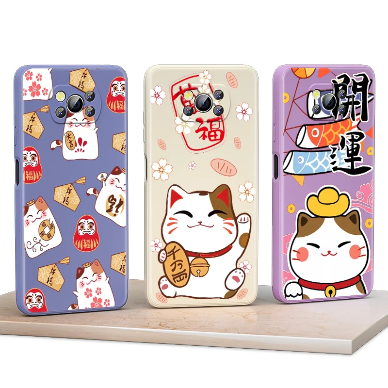 

Japanese Cartoon Lucky Cat for Xiaomi Poco F3 GT X3 NFC M3 C3 M2 X2 Pro 5G Liquid Silicone Soft Cover Shockproof Phone Case