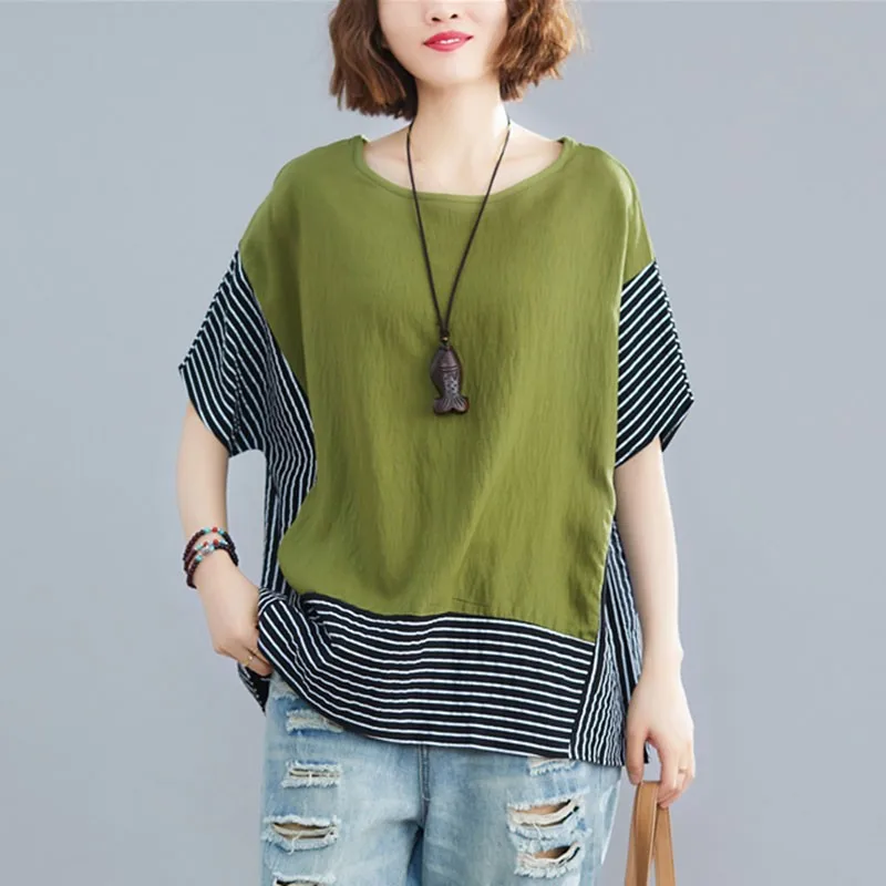 

Oversized Women Loose Casual T-shirts New Arrival 2021 Summer Simple Style Patchwork Striped Female Cotton Linen Tops Tees S3658