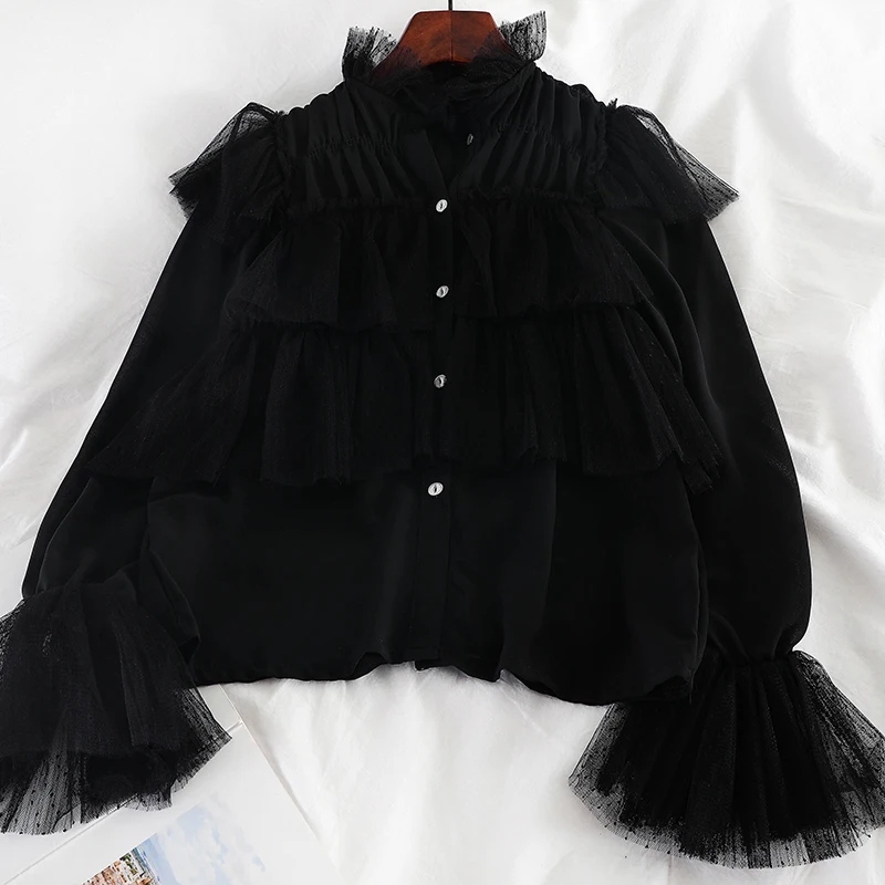 Women Blouse Shirts Женская рубашка с расклешенными рукавами в стиле пэчворк, шифоновая, сетчатая, марлевая, базовая, с оборками, винтажная, короткая, эластичная, тонкая, на пуговицах, пуловер, блузка, топы - Цвет: Women Blouse Shirts