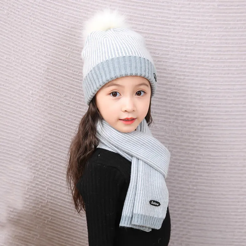 2 шт. искусственный кашемир зимний комплект для девочек шапка и шарф полосатый