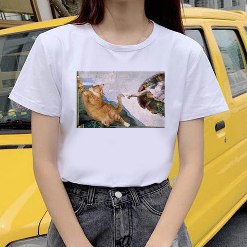 

Graphic tees tops Cute cat Printing tshirts women funny t shirt white Tops casual short Camisetas Mujer_T-Shirt