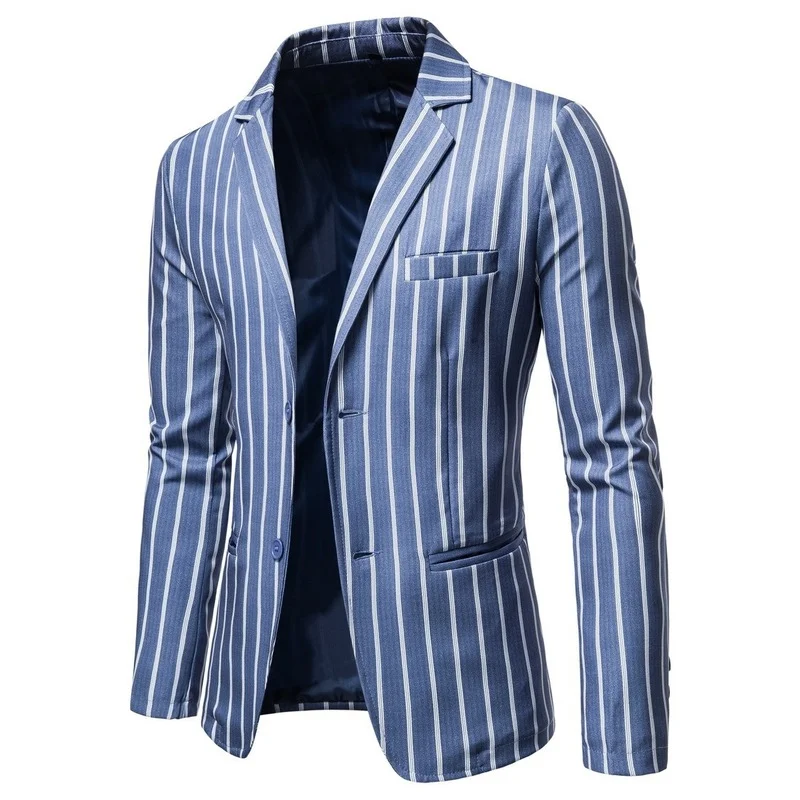 

Blue Vertical Striped Blazer Jacket Men 2021 Brand New Notched Lapel Single Breasted Blazers Mens Formal Casual Blazer Masculino