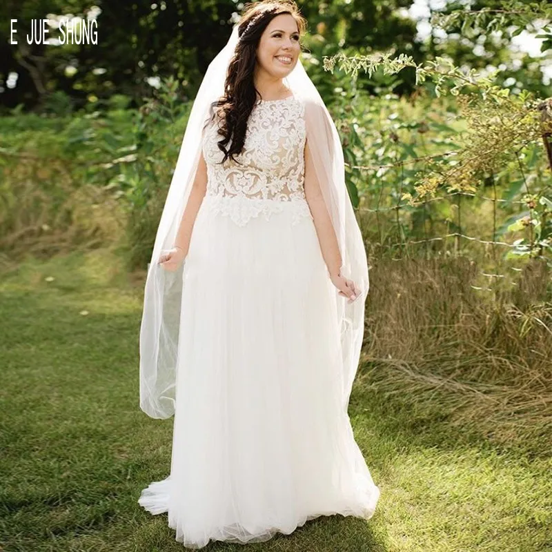 

Женское свадебное платье it JUE SHUNG, элегантное пляжное платье с круглым вырезом, иллюзионный лиф с аппликациями, свадебное платье на шнуровке сзади