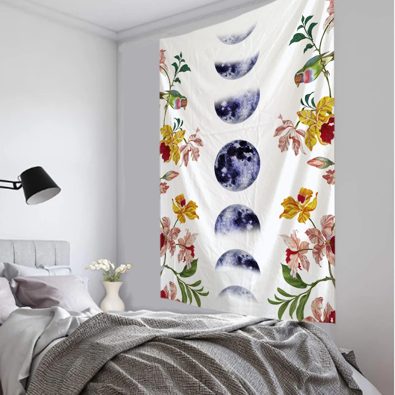 

Psychedelic Flowers Moon Starry Tapestry Flower Wall Hanging Room Sky Carpet Dorm Tapestries Art Home Decoration