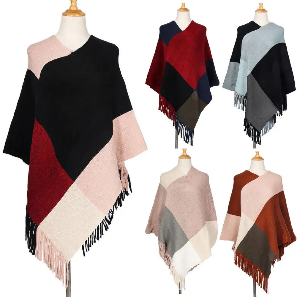 Зимняя накидка для женщин вязаные клетчатые накидки шаль кашемировое пальто с