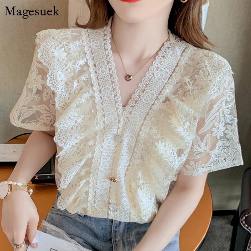 

V-neck Hook Flower Hollow Women Shirts Summer Sweet Ruffled Lace Chiffon Blouse Fairy Female Loose Two-piece Women Tops 15133