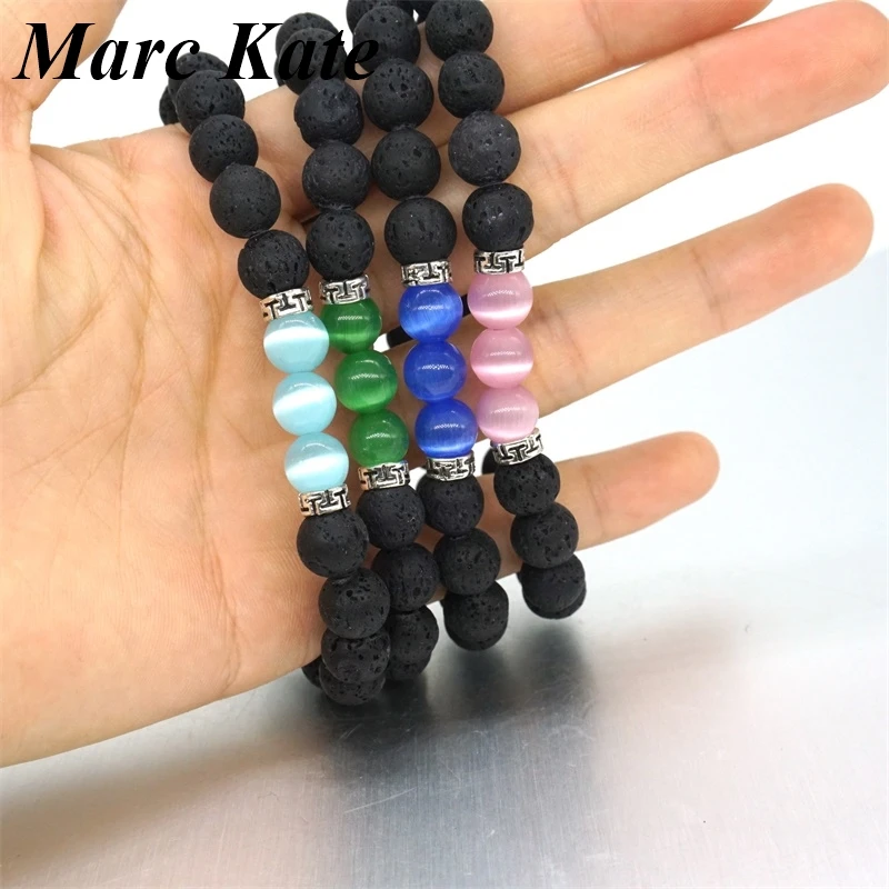 Блестящий камень кошачий глаз 8 мм браслет из черного лавового камня с диффузором