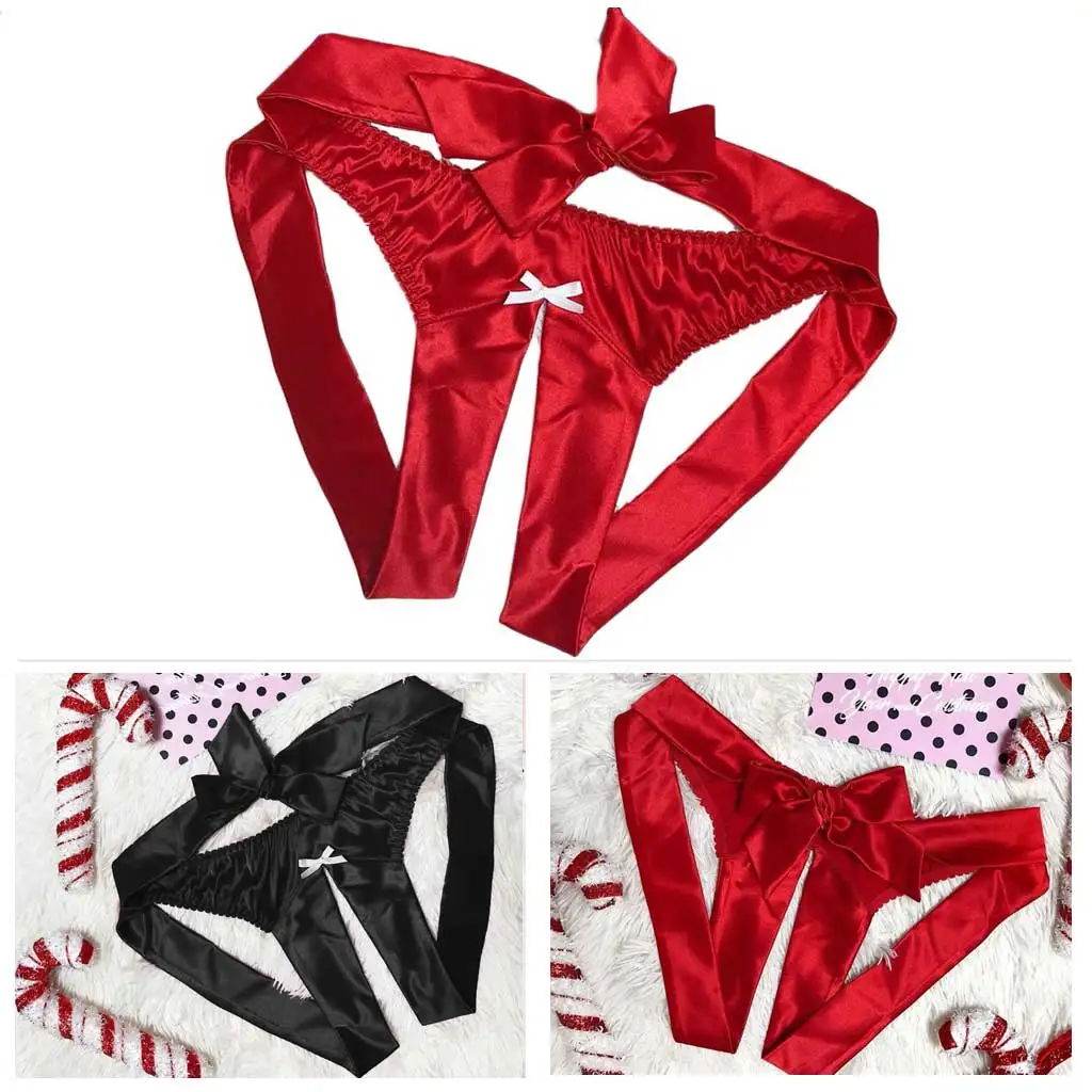 

Bowknot Sexy Lingerie Women Open Crotch Panties Low Rise Ice Silk Underwear Erotic Seamless Solid Brief Underpant Sleepwear