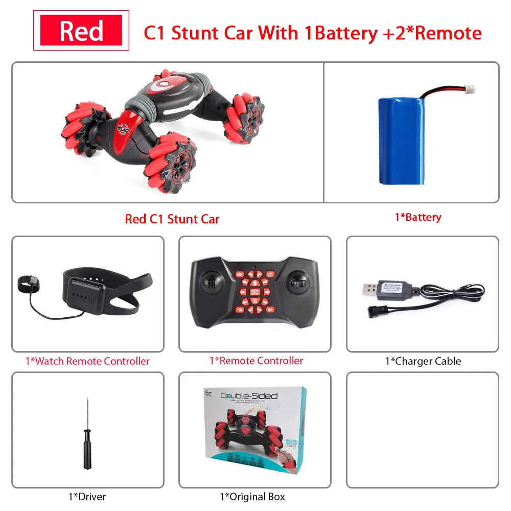 RED 2Remote 1B Remote Control Stunt Car Gesture Induction Twisting Off-Road Vehicle Light Music Drift Dancing Side Driving RC Toy Gift for Kids - Color: RED 2Remote 1B
