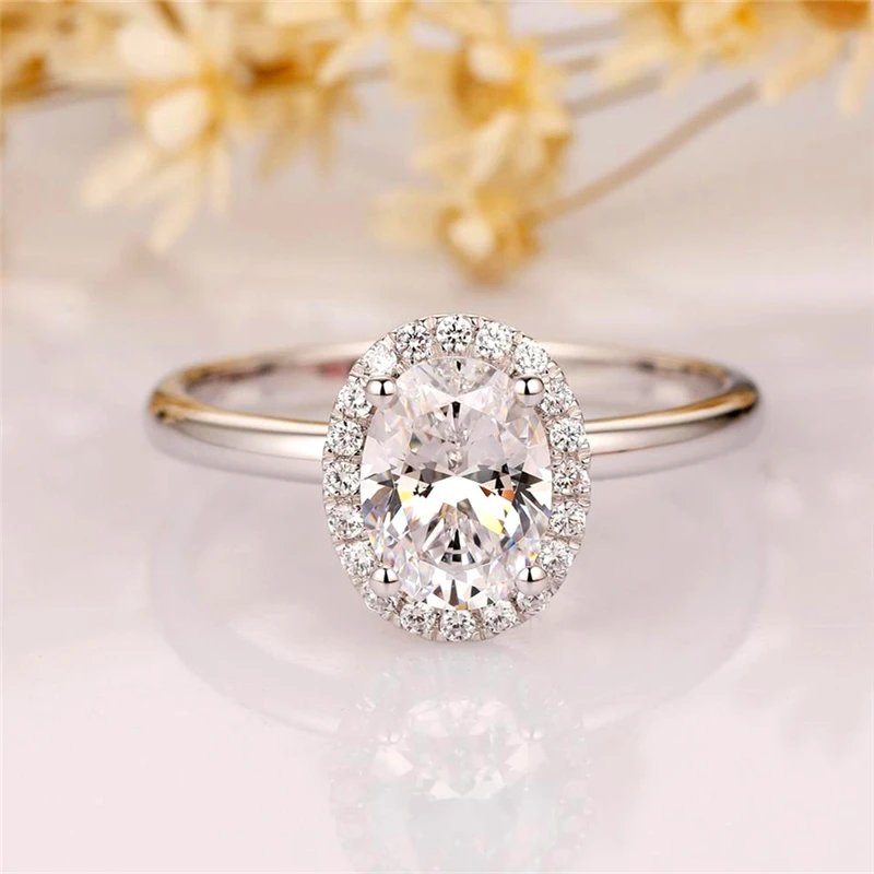 

RandH 1.5CARAT 8*6mm 14K White Gold Halo Stone Fine Jewelry DEF Color VVS Moissanite Women's Rings For Wedding Anniversry Gift