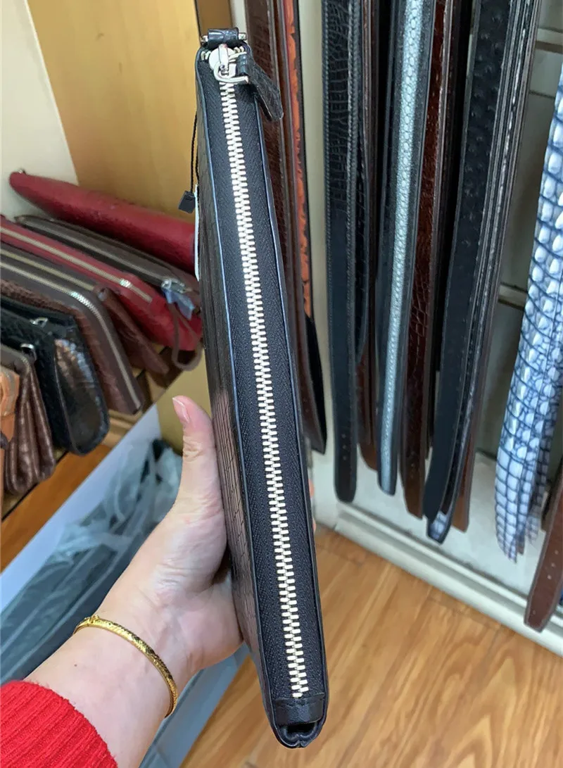 Натуральная крокодиловая кожа живота застежка-молния мужской черный тонкий