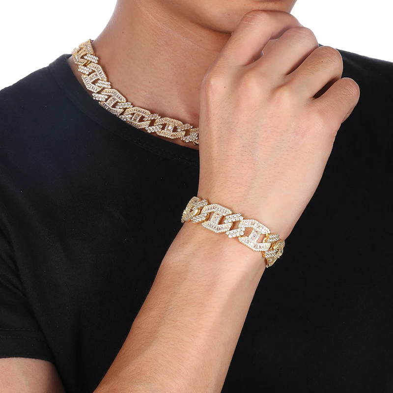 Hip Hop 15MM Heavy Miami Baguette Zircon Iced Out Cuban Link Necklace AAA CZ Prong Setting Necklaces Hip Hop Jewelry 18'' 24''