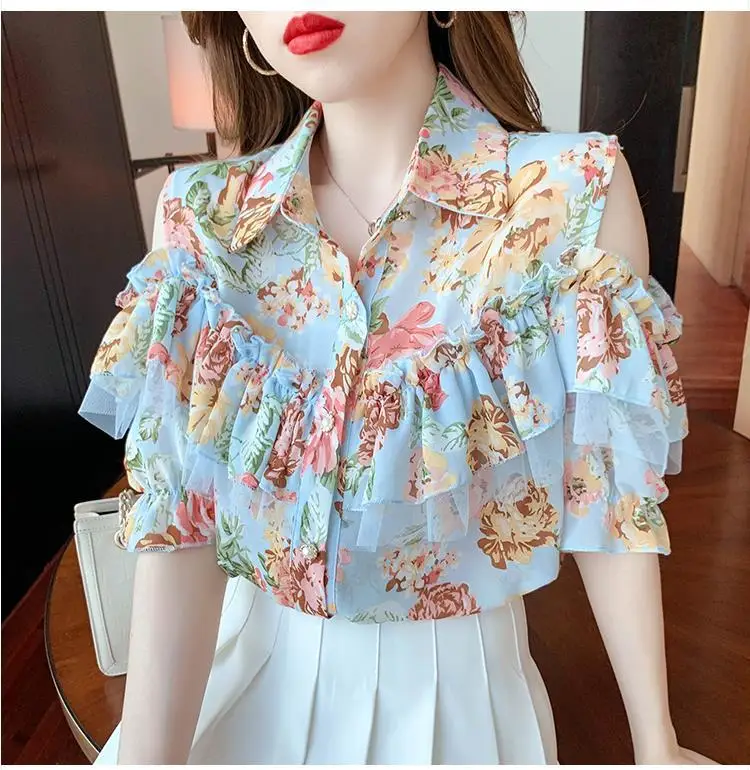 

Chiffon shirt women's short-sleeved summer 2021 new French niche temperament floral off-shoulder foreign style ruffled top