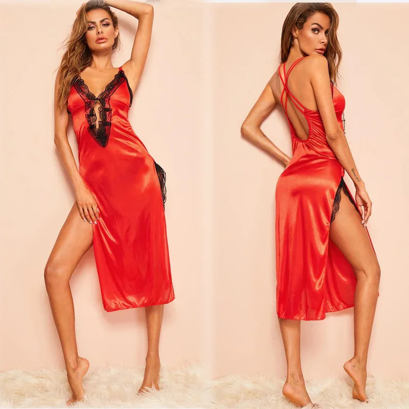 Ночная рубашка женская шелковая атласная пикантная сорочка без рукавов с