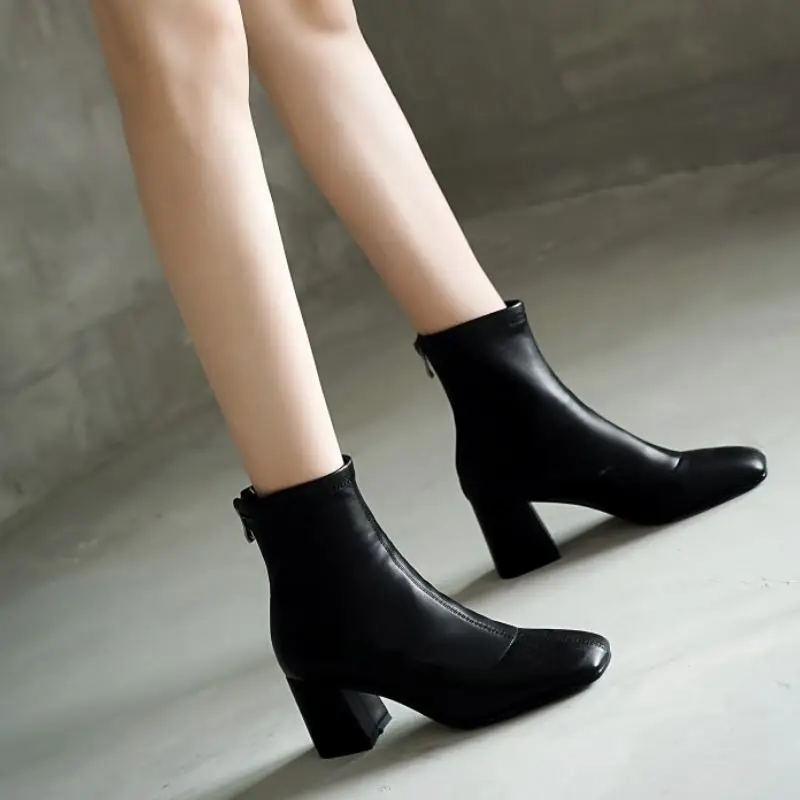

RIZABINA Short Boots For Women Square Toe Thick Heel Zipper Ankle Boots Shoes Solid Color Casual Ladies Footwear Size 34-39
