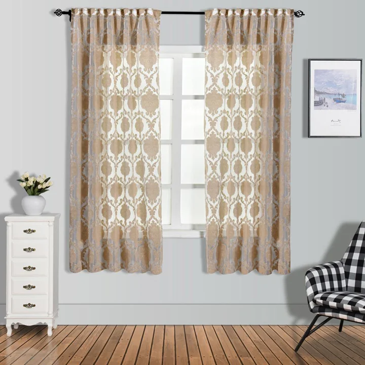 

Brown And White Short Curtain Floral Jacquard Sheer Drapes Elegant Modern Design For Bedroom All-Match Tulle Kitchen Window