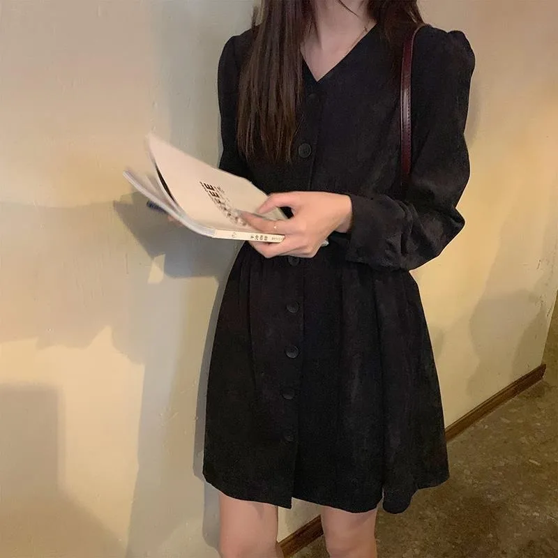 

QWEEK Vintage Corduroy Long Sleeve Dress Women Autumn 2020 French Vintage Kawaii Sweet Button Mini Dress Patchwork Korean Woman