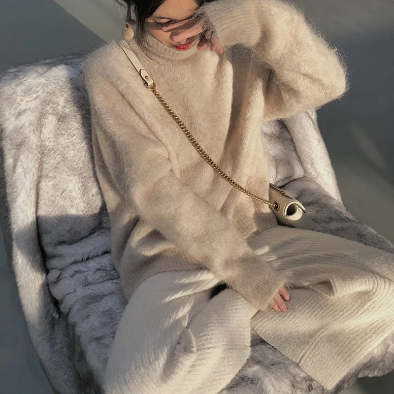 Новинка женский свитер из кашемира и норки с высоким воротником теплый длинными