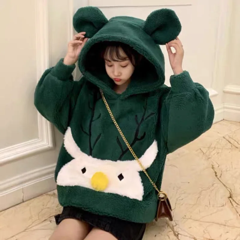 

2020 Autumn/Winter Embroidered Lamb Wool Hoodie women Loose Casual Sweatshirt Doll Pullover fashion padded hooded sweatshirt top