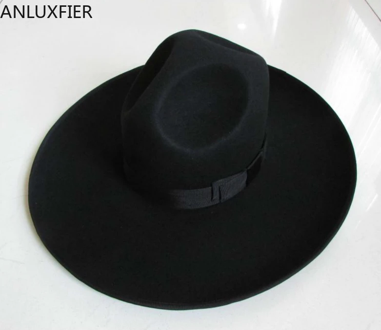 B-8127 Men's 100% Woolen Fedoras Hat Wide Brim Oversize 12cm Woolen Hat Fashion Wool Felt Fedora Woolen Cap Equestrian Hat