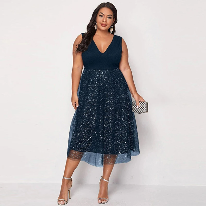 

Spring Summer Dress Plus Size Women V Neck Sleeveless High Waist Sequined Elegant Party Dress Maxi Long Dresses
