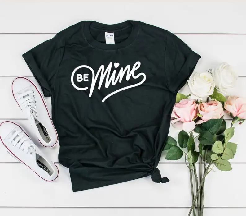 

Valentines day t-shirt, mine valentines day gift shirt, gift for her, gift for him - white print Summer casual cotton top