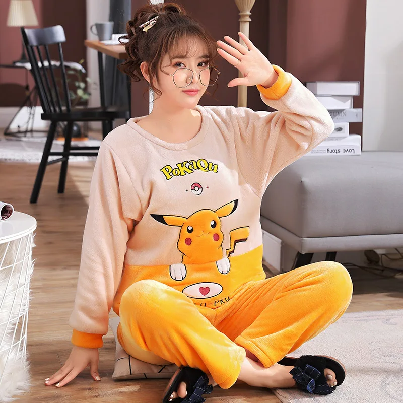 Winter Couple Pajamas Women Coral Cartoon Lovely Flannel Housewear Set | Женская одежда