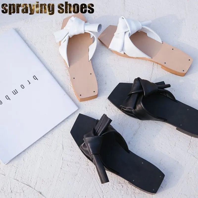 2019 шикарные женские кожаные шлепанцы на плоской подошве с квадратным носком и