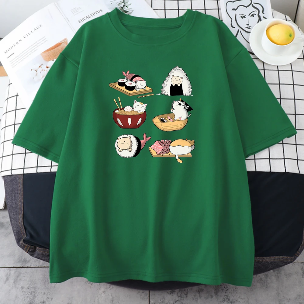 Cute Cartoons Sushi Cat T Shirts Girls 2021 Summer Soft Casual T-Shirt Korean Style New Base Tees Ins Fashion Women's Tshirts | Женская