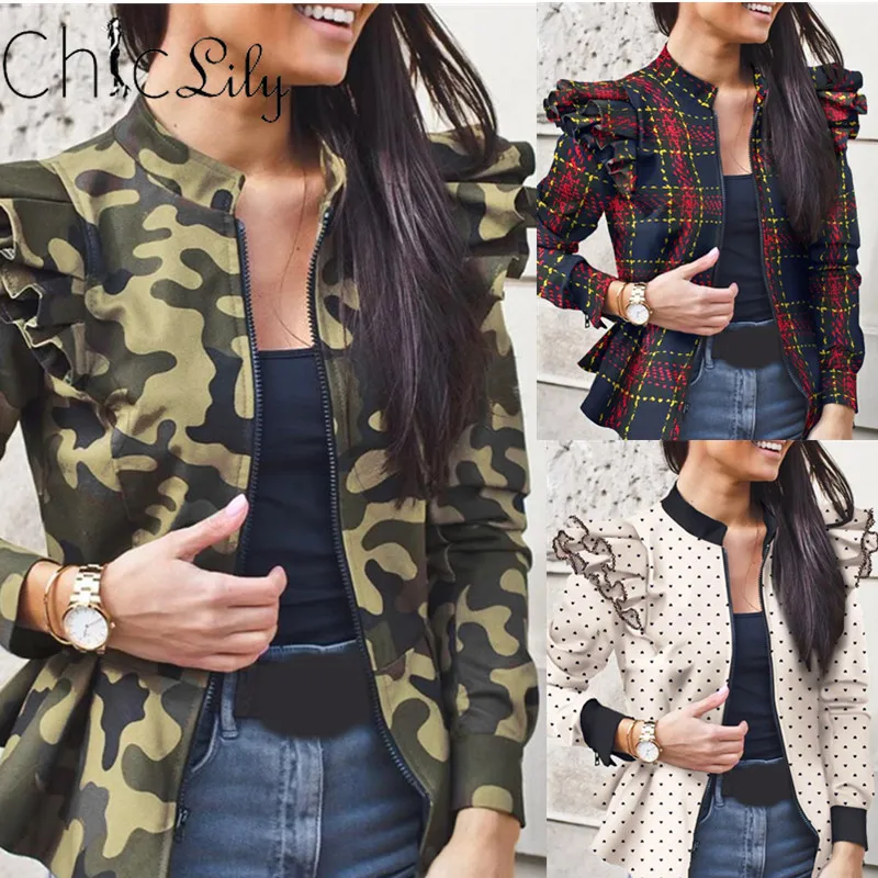 

Chiclily Long Sleeve Ruffle Stitching Zipper Print Coat for Women Autumn Winter Polka Dot Camouflage Print Bomber Jacket