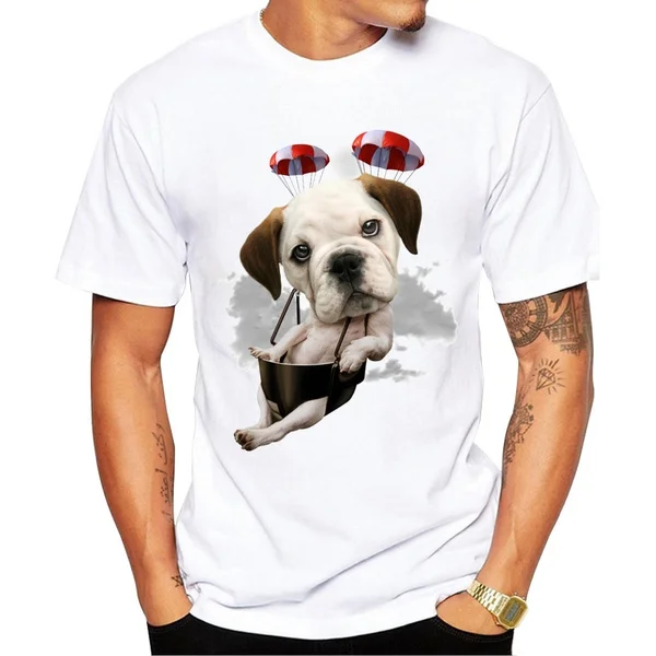 

2017 Newest Bulldog Parachuting Men's Fashion Dog Print T-shirt Summer Cool Breathable T Shirt Hipster Tee