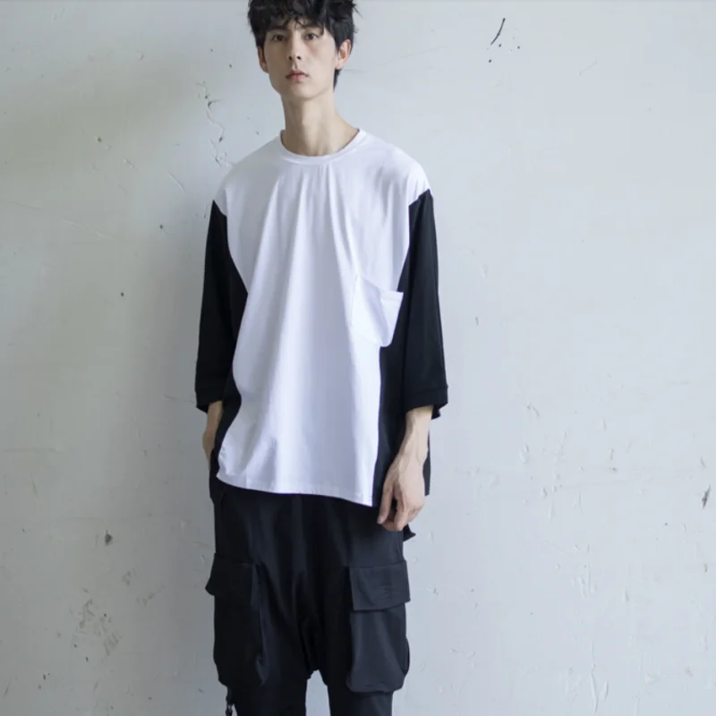 

Men's Short Sleeve T-Shirt Summer New Two-Color Stitching Round Collar Loose Casual Bat Sleeve Design Personality T-Shirt