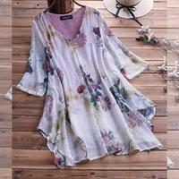 blouse women plus size clothing m 5xl 2021 new summer v neck cotton linen printed loose casual tops female
