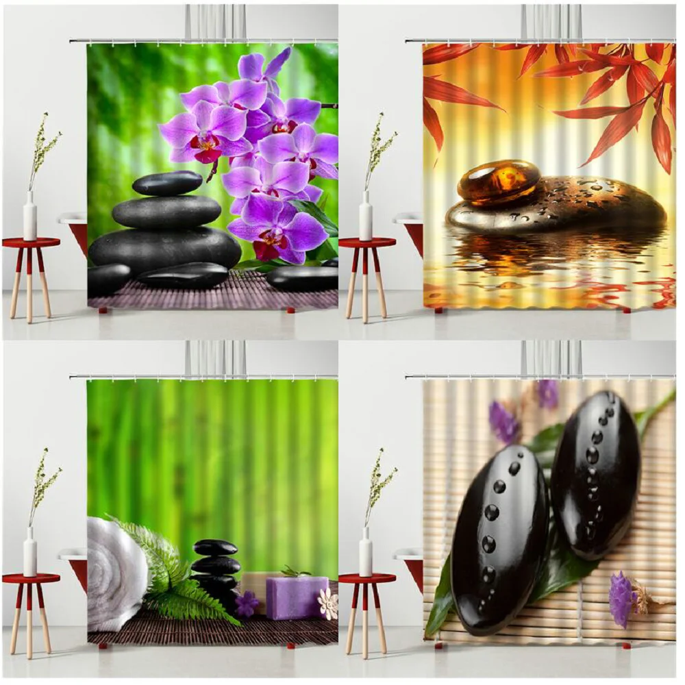 

Занавеска для душа из полиэстера, с изображением пейзажа в стиле буддизма, фиолетовых цветов, черных камней, для спальни