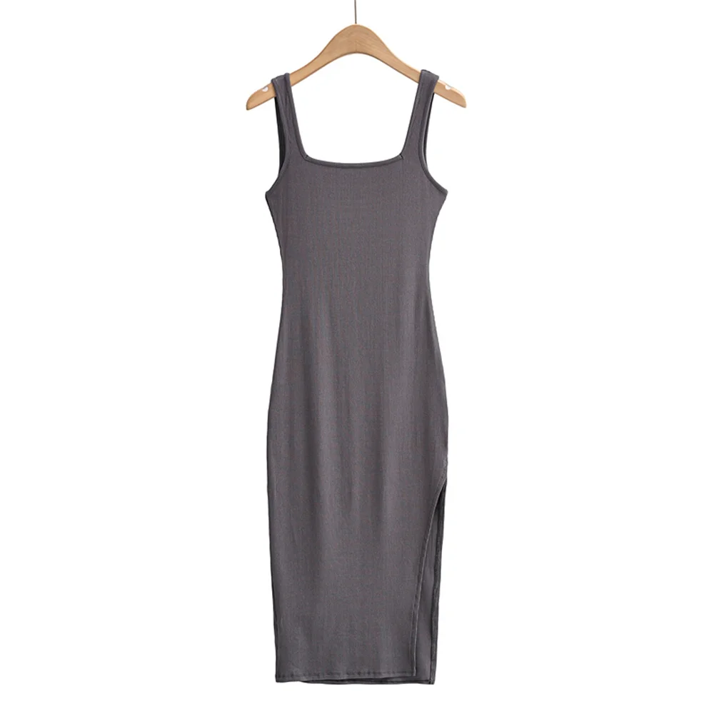 

Summer new style street fashion all-match solid color square neck split dress women, stretch thin mid-length sling dress women