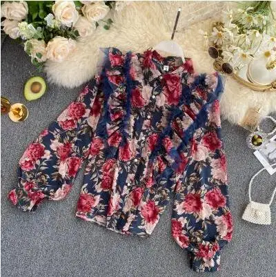 Women's Spring Autumn vintage flower Print ruffles Shirt Tops Female net yarn long sleeve slim puff sleeve Blouse Tees TB4049