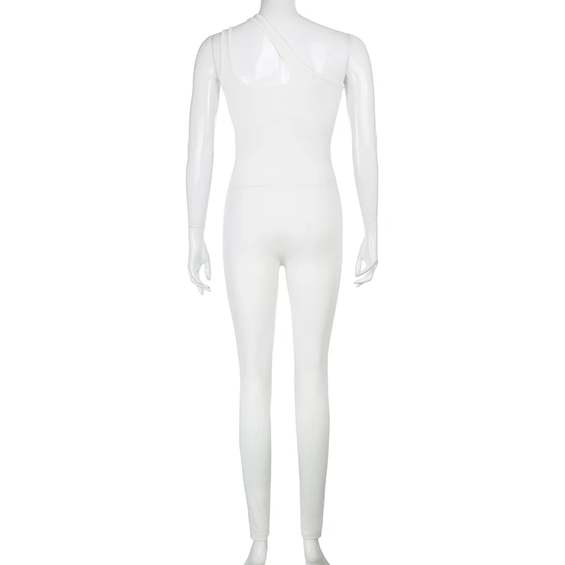 

CIBBAR Casual Solid Hollow Out Jumpsuit Women One Shoulder Sleeveless Trouser Workout Overalls Summer Basic White Sporty Outfits